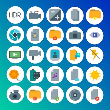 Modern Simple Set of folder, video, photos, files Vector flat Icons. Contains such Icons as  error,  nature,  disk, sunny,  storage,  cd and more on gradient background. Fully Editable. Pixel Perfect