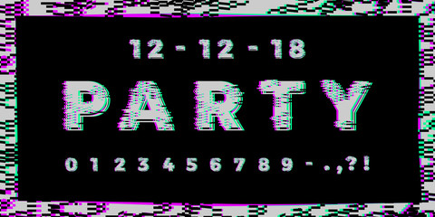 Abstract distorted glitch colorful numbers from 0 to 9. Trendy style lettering punctuations. Old television screen distortion, digital pixel effect. Vector illustration. Music and party theme.