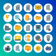 Modern Simple Set of folder, video, photos, files Vector flat Icons. Contains such Icons as  equipment,  tv,  camera,  movie,  high,  web and more on gradient background. Fully Editable. Pixel Perfect