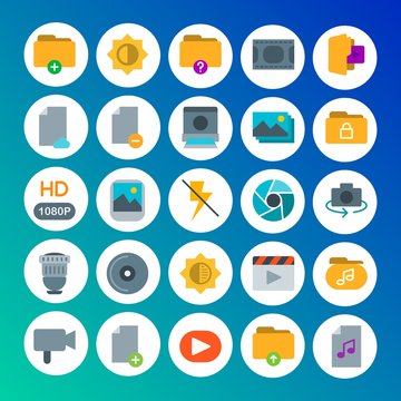 Modern Simple Set of folder, video, photos, files Vector flat Icons. Contains such Icons as  fashion,  picture,  home,  camera,  theater and more on gradient background. Fully Editable. Pixel Perfect
