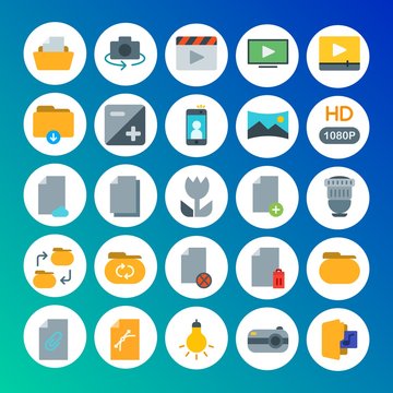 Modern Simple Set of folder, video, photos, files Vector flat Icons. Contains such Icons as  document,  delete,  folder,  information and more on gradient background. Fully Editable. Pixel Perfect