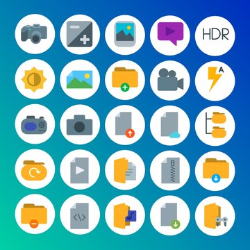 Modern Simple Set of folder, video, photos, files Vector flat Icons. Contains such Icons as  mobile,  architecture, folder,  bright,  add and more on gradient background. Fully Editable. Pixel Perfect