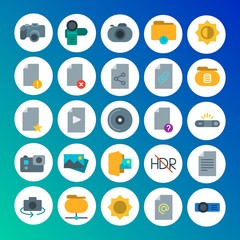 Modern Simple Set of folder, video, photos, files Vector flat Icons. Contains such Icons as projector,  data, remove,  video, camera, hdr and more on gradient background. Fully Editable. Pixel Perfect