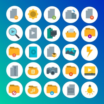 Modern Simple Set of folder, video, photos, files Vector flat Icons. Contains such Icons as  file,  connection,  lamp,  flash,  rotation and more on gradient background. Fully Editable. Pixel Perfect