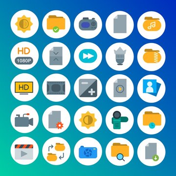 Modern Simple Set of folder, video, photos, files Vector flat Icons. Contains such Icons as camera,  photo,  digital,  space,  computer and more on gradient background. Fully Editable. Pixel Perfect