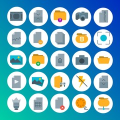 Modern Simple Set of folder, video, photos, files Vector flat Icons. Contains such Icons as  data,  photography,  delete,  template, lens and more on gradient background. Fully Editable. Pixel Perfect