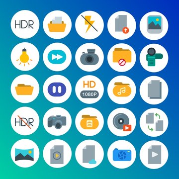 Modern Simple Set of folder, video, photos, files Vector flat Icons. Contains such Icons as  caption,  panoramic,  pause,  lamp,  cd, hdr and more on gradient background. Fully Editable. Pixel Perfect