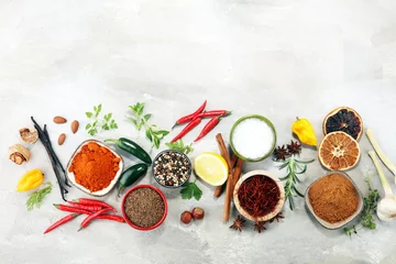 Keuken spatwand met foto Spices and herbs on table. Food and cuisine ingredients. © beats_