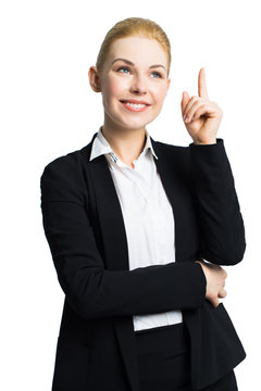 attraktive nachdenkliche Geschäftsfrau vor weißem Hintergrund