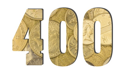 400  Number.  Shiny golden coins textures for designers. White isolate