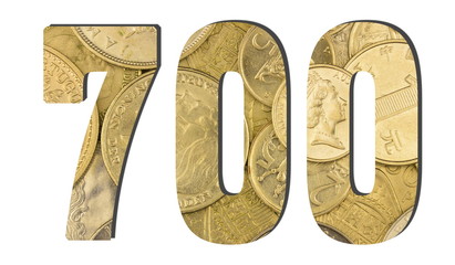  700 Number.  Shiny golden coins textures for designers. White isolate