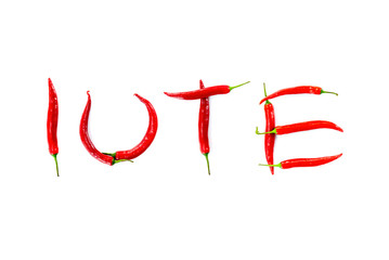 romanian word iute meaning quick written with red chili peppers on white background abstract concept photo