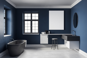 Fototapeta na wymiar Modern blue bathroom with empty poster