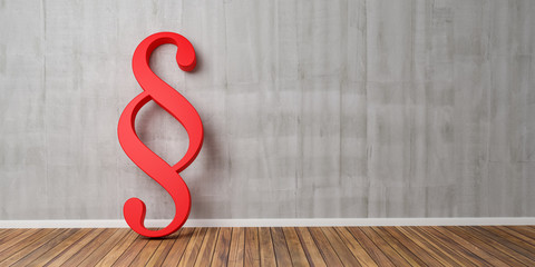 Red Paragraph smybol against a grey concrete wall - law and justice concept image - 3D Rendering