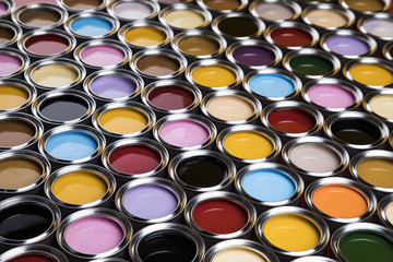 Collection of colored paints cans