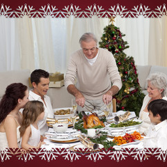 Family having Christmas dinner eating turkey against snowflake frame