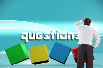 The word questions and mature businessman looking and considering against futuristic bright blue background