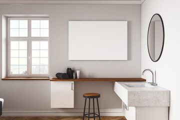 Modern concrete bathroom with blank billboard