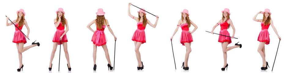 Pretty young wizard in mini pink dress isolated on white