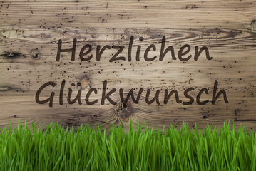 Aged Wooden Background, Gras, Herzlichen Glueckwunsch Means Congratulations