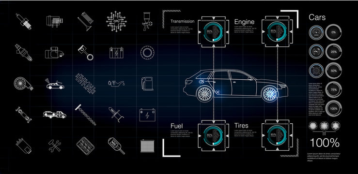 Automobile infographics, diagnostics of malfunctions and malfunctions in the car. Car icons. Abstract background. Template for car service. EPS10 Vector Image