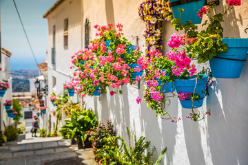 Fototapeta na wymiar Picturesque street of Mijas with flower pots in facades. Andalusian white village. Costa del Sol. Southern Spain