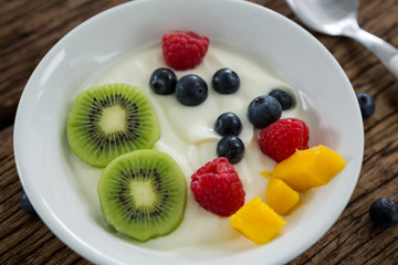 Close-up of various fruits in plate with spoon