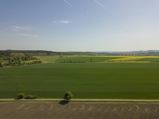 Fields in Derenburg near Blankenburg in the Harz Mountains from above / Germany