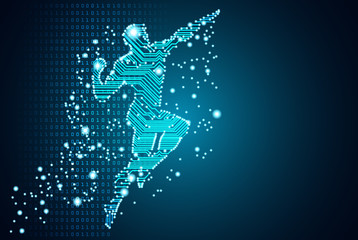 Fototapeta premium Big data and artificial intelligence concept. Machine learning and cyber mind domination concept in form of men flying figure outline with circuit board and binary data flow on blue background.