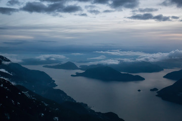 Striking and beautiful aerial landscape view of Howe Sound. Taken North of Vancouver, British Columbia, Canada.
