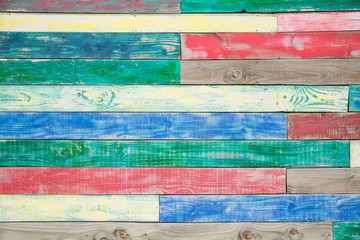 pattern wall background made with textured multicolored old weathered wood plank