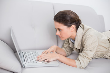 Beautiful woman using laptop on sofa at home