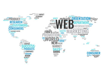 Web marketing word cloud business concept. Typography design text block. Composition from words for web design. Light blue and gray world map created from text