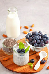 Chia pudding with fresh berries and almond milk. Superfood concept. Vegan, vegetarian and healthy eating diet with organic products