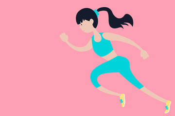 Young woman running on a pink background. Flat design. Vector illustration