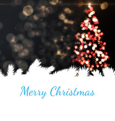 Merry Christmas against shimmering christmas tree of lights