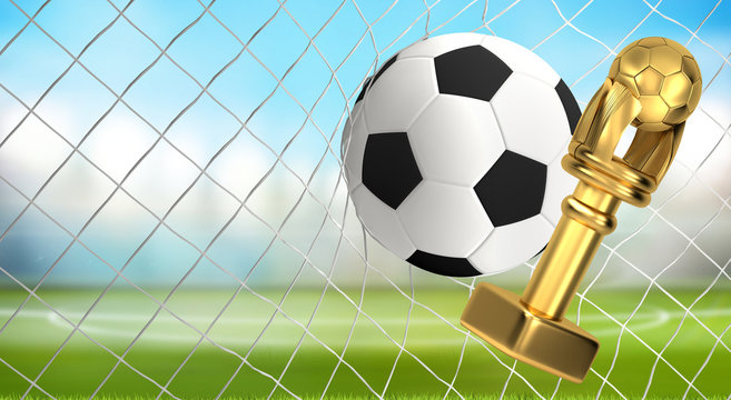soccer ball trophy and soccer net 3d illustration