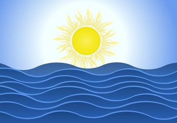 Fototapeta na wymiar Bright summer sun over blue sea waves background.
