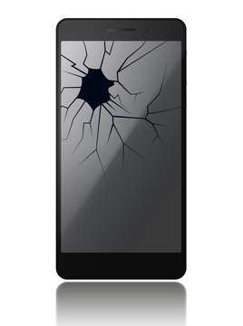 Realistic broken smartphone with cracked touch screen, cell phone with reflection and shadow isolated on white background. Vector illustration.