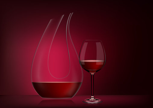 Vector illustration in photorealistic style.Image of a realistic glass transparent decanter with wine and full glass on red dark background.Object to enrich the saturation of wine with oxygen.Serving