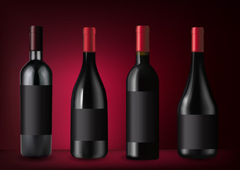 Vector illustration. Set of red wine bottles in photorealistic style. A realistic objects on dark red background. 3D Realism.