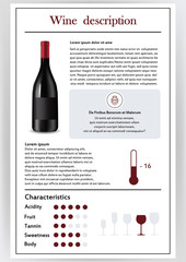 Vector illustration.Brochure,form describing the characteristics of red wine.Feed temperature,brief description,history of origin, tableware glass for serving,taste criteria.Tannins,acidity,fortress.
