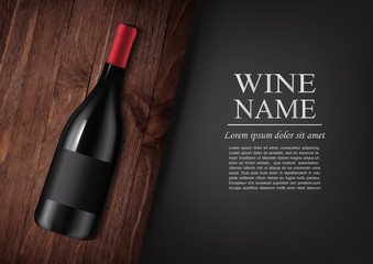 Advertising banner.A realistic bottle of red wine with black label in photorealistic style on wooden dark board,black background like chalk board,text.Wine presentation brochure.Vector illustration