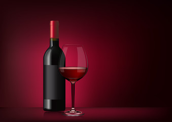 Vector image of a bottle of red wine with label and a full glass goblet in photorealistic style on a red dark background. 3d realism illustration