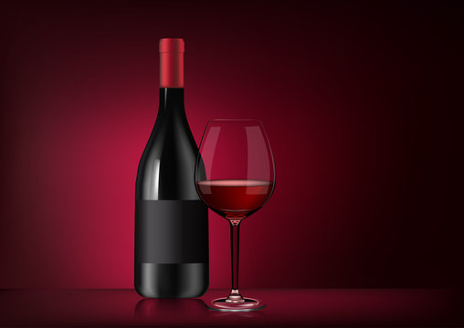 Vector image of a bottle of red wine with label and a full glass goblet in photorealistic style on a red dark background. 3d realism illustration