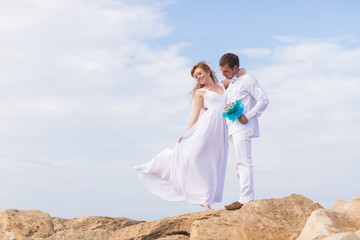 bride and groom on the top of a mountain