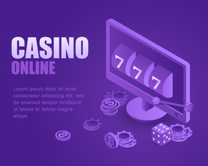 Concept online casino. Vector illustration isometric slot machine on display computer. Landing page digital casino game