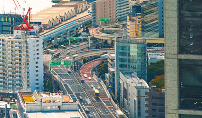 Aerial view of a busy elevated highway in Tokyo, Japan