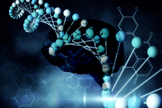 Brain Against Blue Dna Strand With Chemical Structures