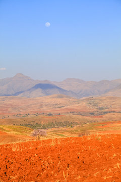 Malealea street village near mountain and cultivation field
